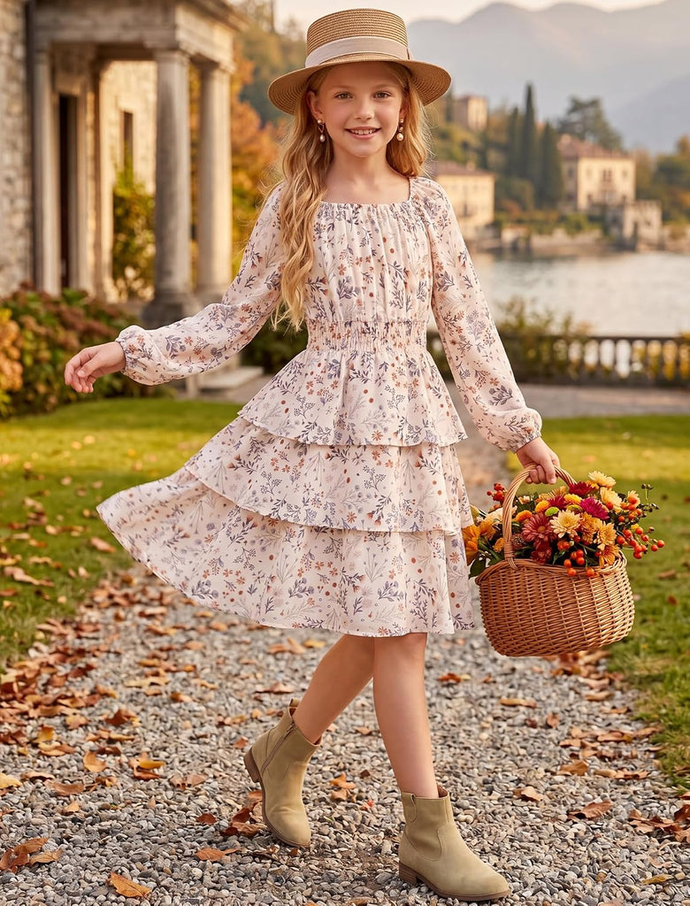 Girls Fall Long Sleeve Floral Dresses Smocked Waist Square Neck