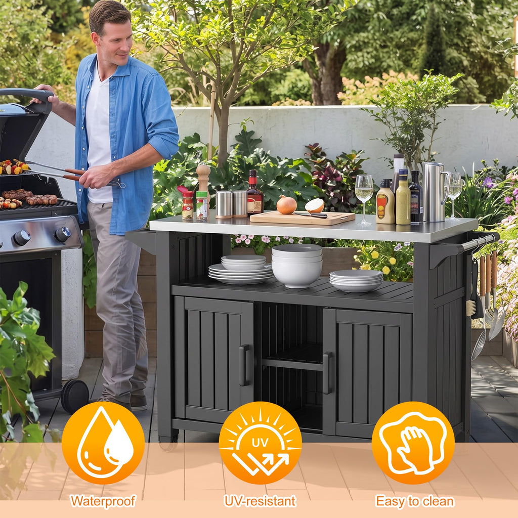 Outdoor Storage Cabinet, Patio Storage Table, Bar Table with Wheels, Outdoor Bar Cart, Poolside and Backyard, Standard