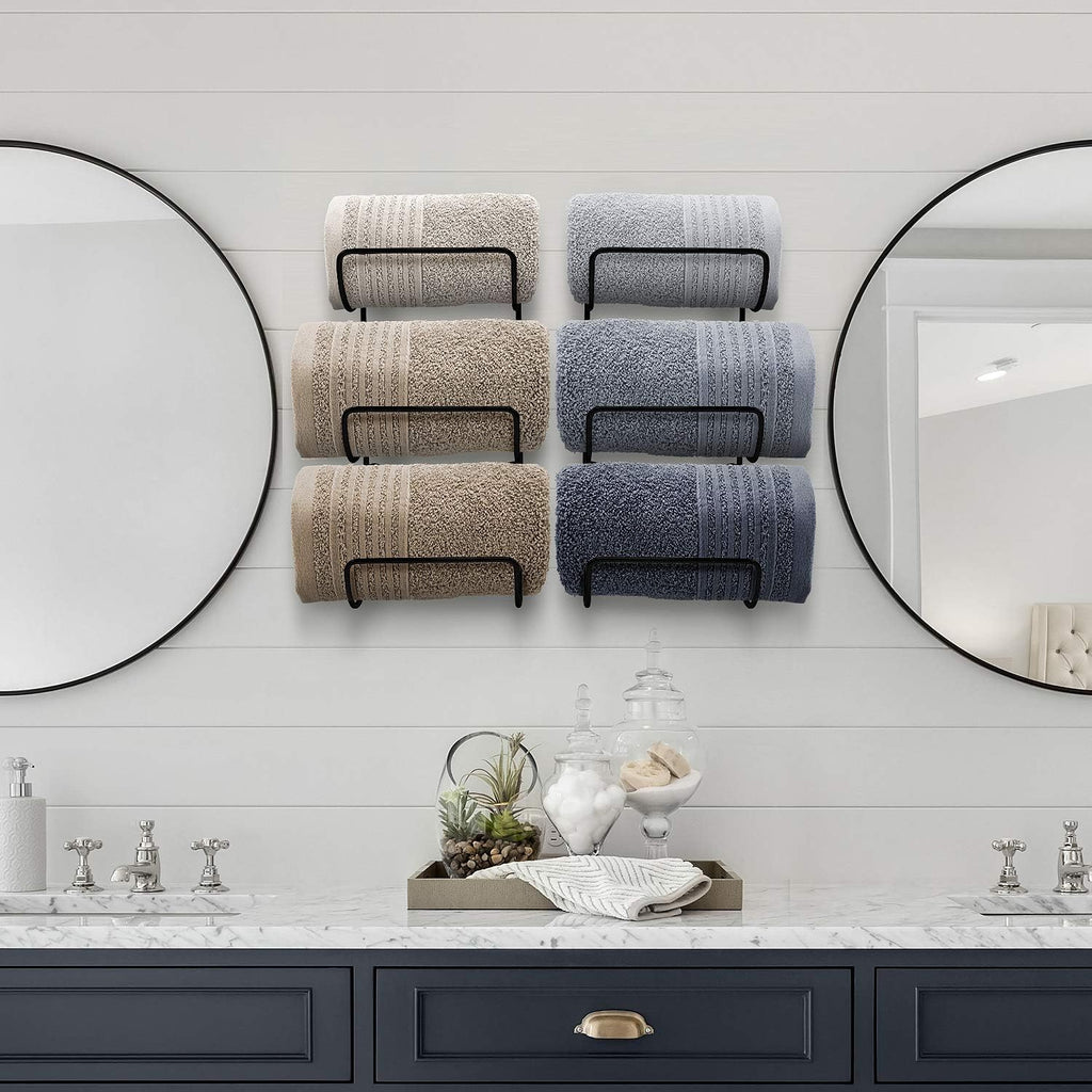 Towel Holder Wall - 6 Level Wall Mounted Towel Rack Shelves for Rolled Bath Towels, Washcloths, Linens - Black