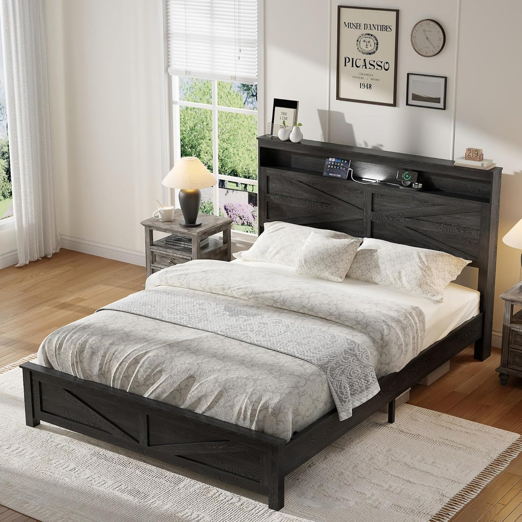 Farmhouse Wooden Bed Frame Queen with Storage Headboard, Boho Platform Bedframe with LED Lights and Charging Station