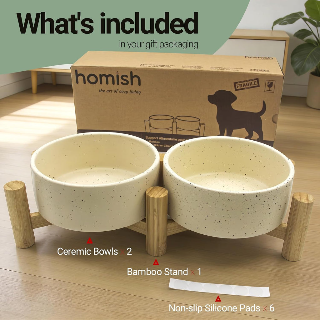 Elevated Dog Bowl & Cat Dish 27oz - Raised Ceramic Pet Food and Water Bowls with Bamboo Stand, Feeding Station