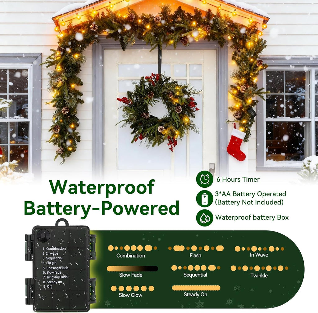 Pre-lit Christmas Garland with Lights 9FT 80LED Lighted Garland with Timer Faux Artificial Wreath Lights with Remote