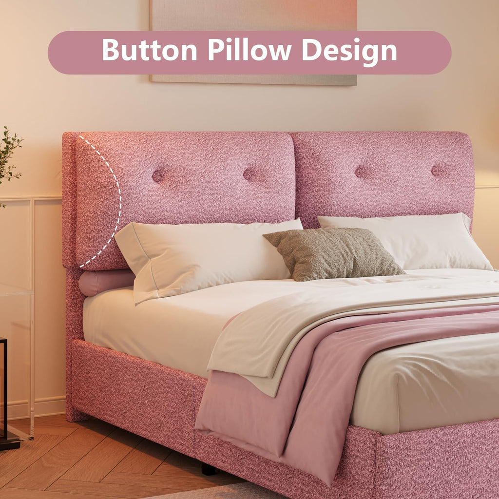 King Size Bed Frame, Boucle Upholstered Bed Frame with Headboard, Removable and Washable, No Box Spring Needed, Wood