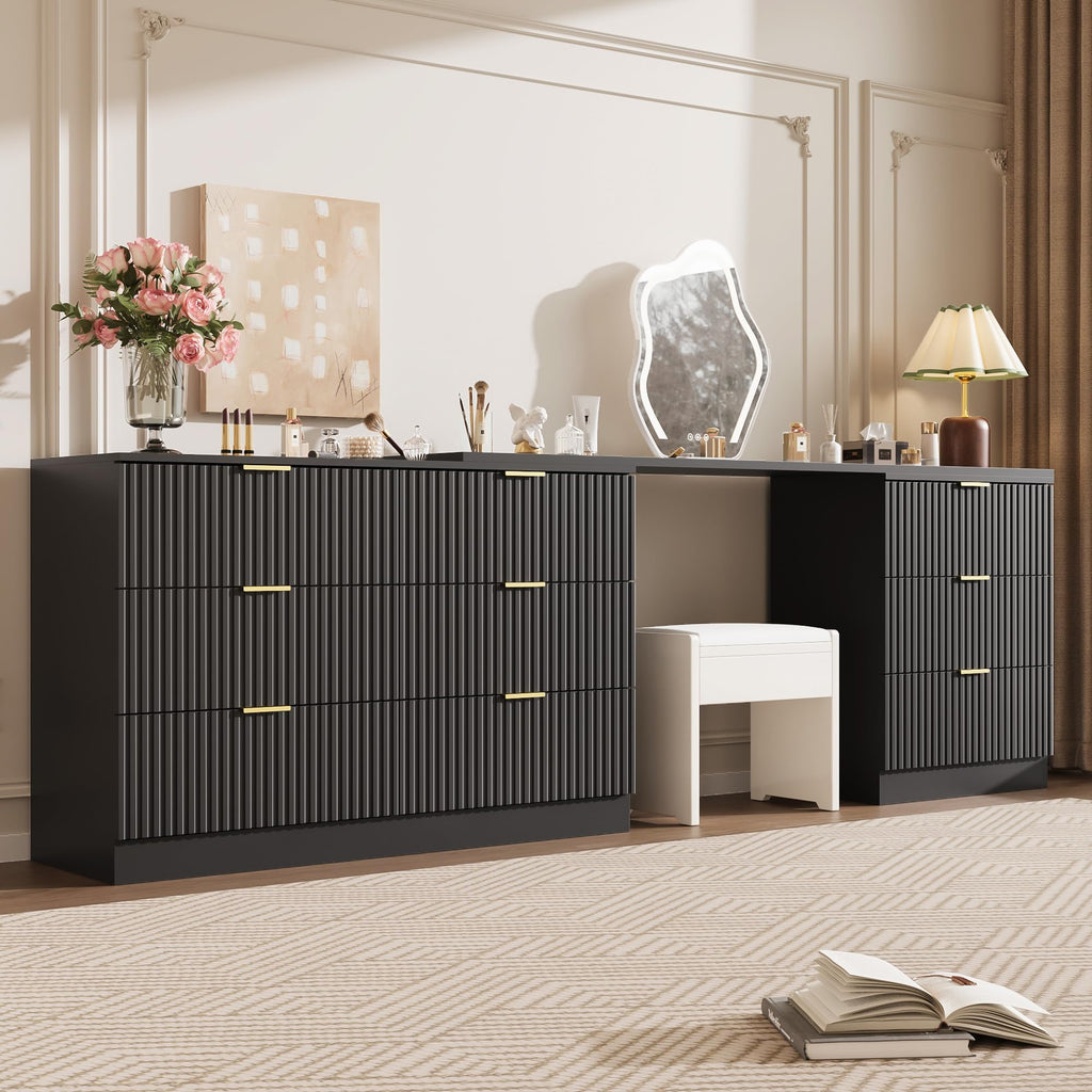 L-Shaped Rotatable 9 Drawer, 71" Wide Deformable Black with Gold Metal Handles, Modern Fluted Chest of Drawers