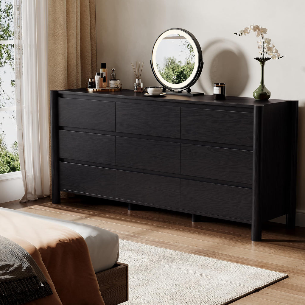 Black Dresser, 63" Wide 9 Drawer Mid Century Modern Chest