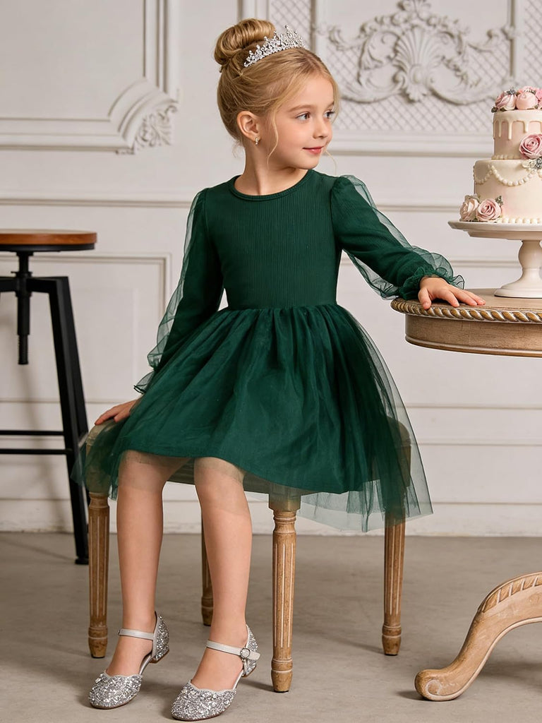 Toddler Christmas Dress Girls Sequin Tulle Puff Long Sleeves Tutu Dress Princess Birthday Party Clothes