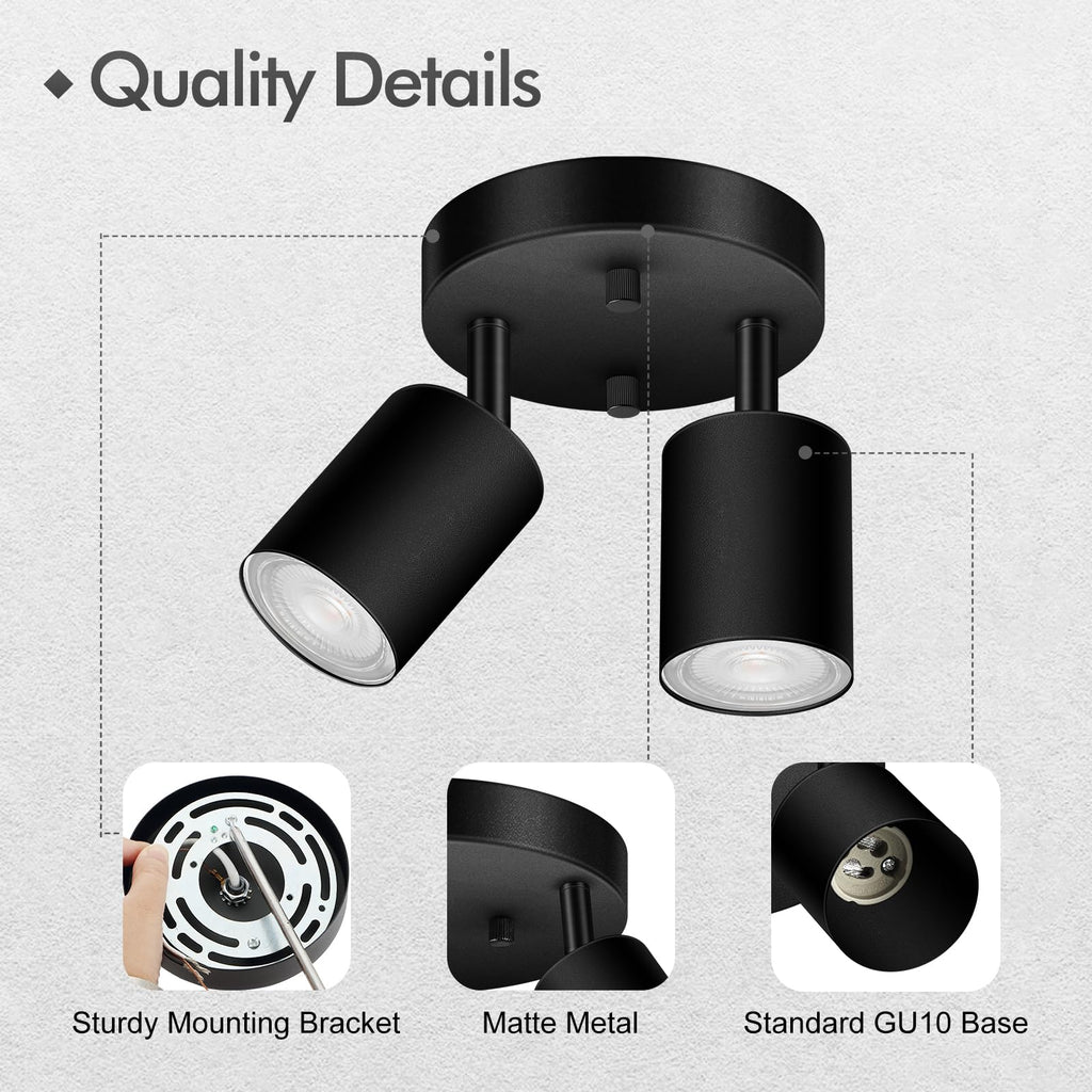 2 Light Track Lighting Fixtures Ceiling, Matte Black Round Directional Ceiling Spotlight, GU10 Flush Mount Track