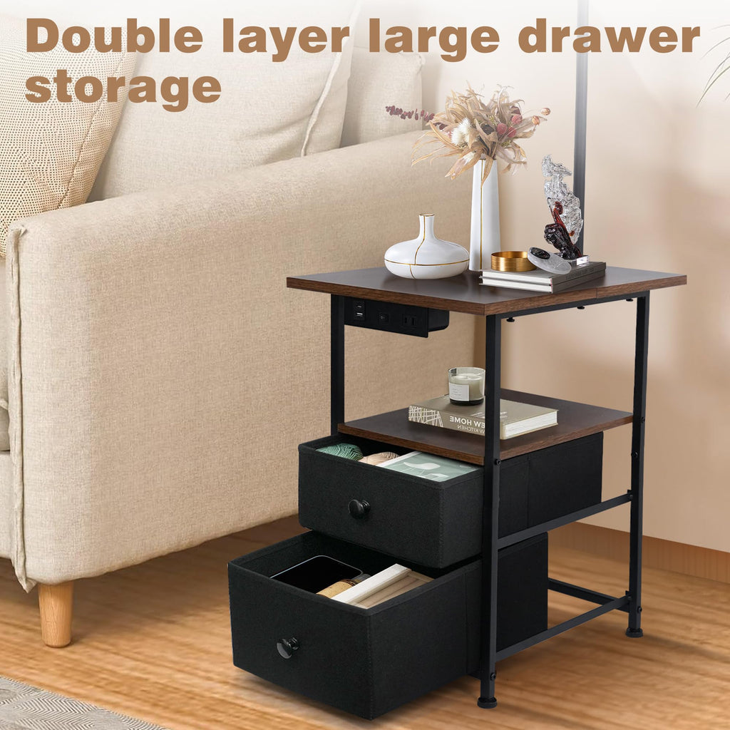Floor Lamp with Table & 2 Drawers, End Table with Lamp, Rustic Brown