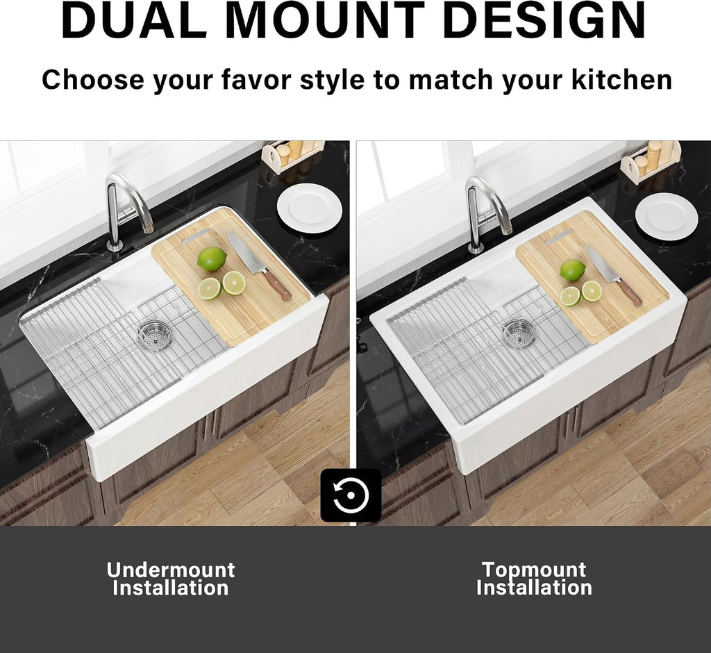 33 x 20 Inch Self-trimming Farmhouse Workstation Kitchen Sink White | Fireclay large single bowl apron front farm