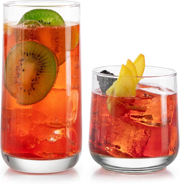 Ascent Tumbler and Rocks Drinking Glasses Set of 16, Glass Drinking Glasses with Curvature, Versatile Glassware Set