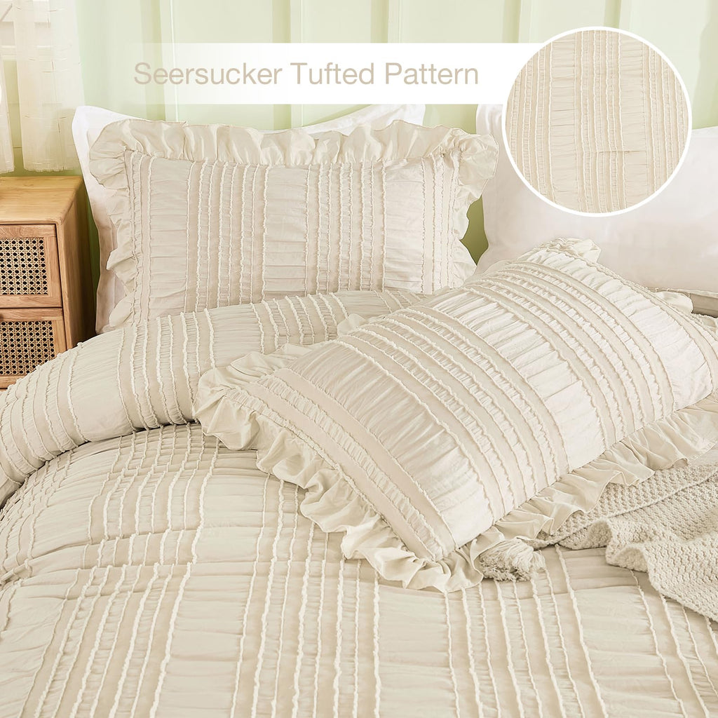 Beige Ruffle Comforter, Boho Shabby Chic Bedding for Bed, Soft Seersucker Farmhouse Bedding Set with 1