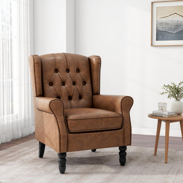 Faux Leather Wingback Accent Chair, Tufted High Back Armchair, Brown