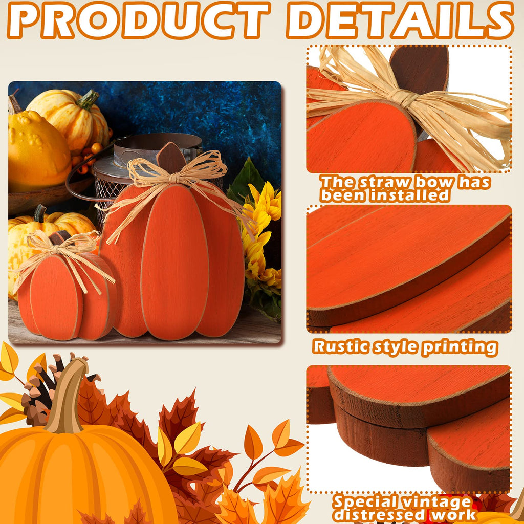 3 Pcs Fall Pumpkin Decor, 3D Wooden Pumpkin Tabletop Decor