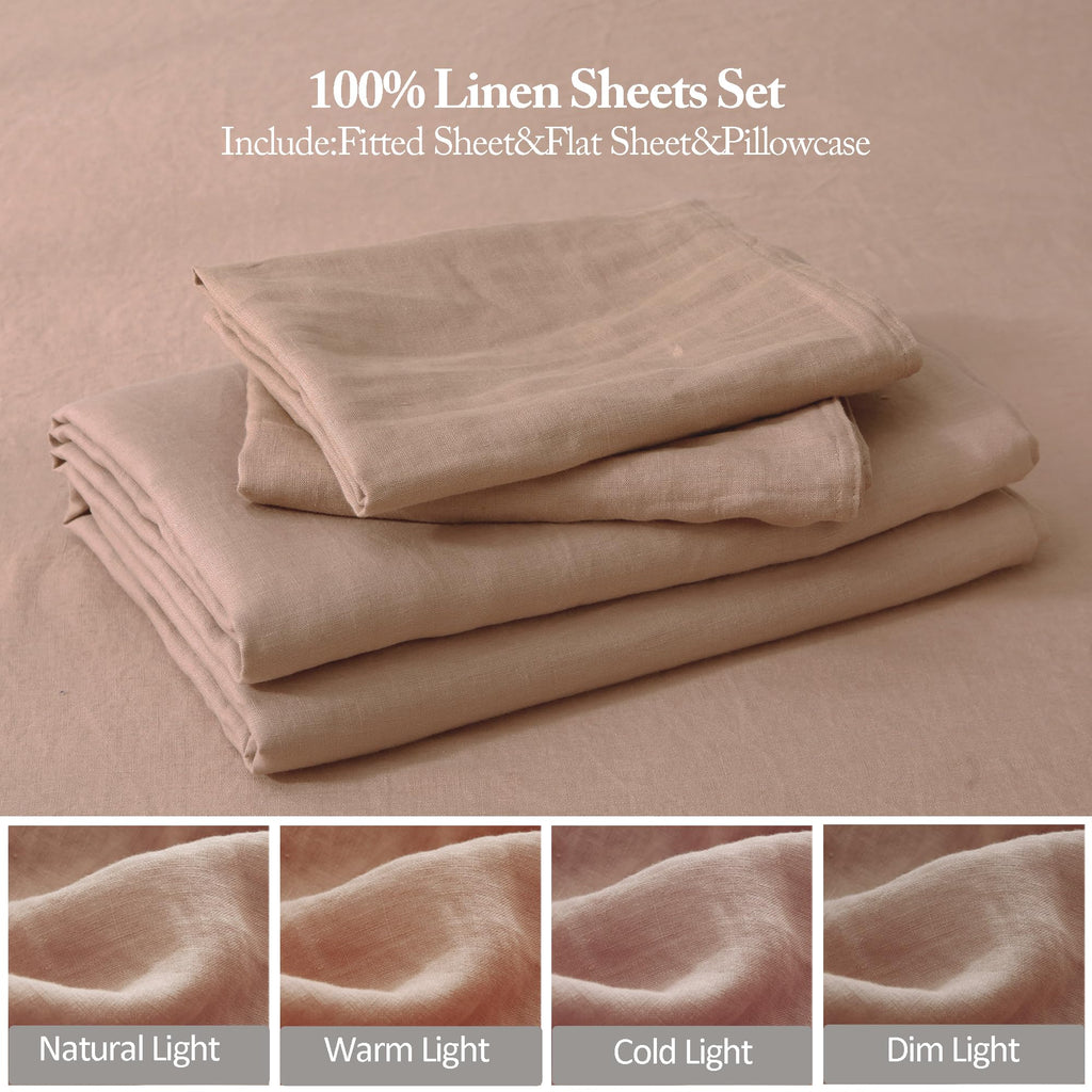 100% Linen Sheets Set, Washed French Flax Bed Sheets Set 4Pcs(1 Flat Sheet&1 Fitted Sheet&2 Pillowcases