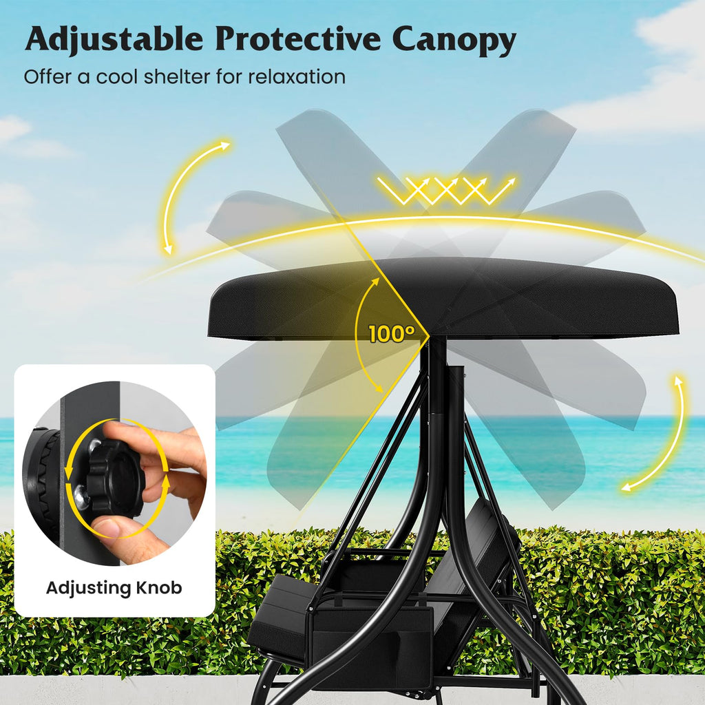 3 Person Porch Swing with Canopy, 2-in-1 Convertible, Black