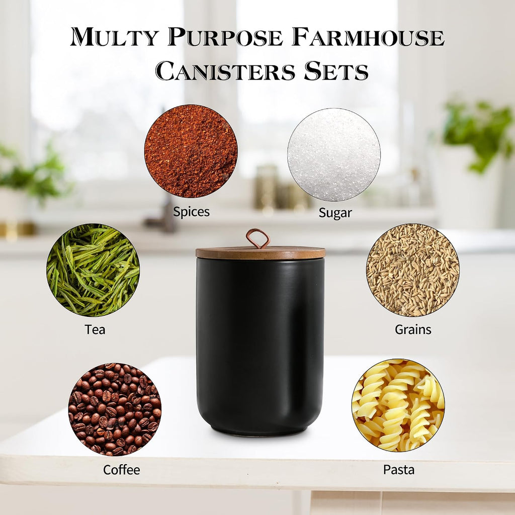 Black Ceramic Canister Set with Wooden Lid, 3-Piece Food Storage Jars Counter, Storage Container for Coffee, Tea - Set of 3