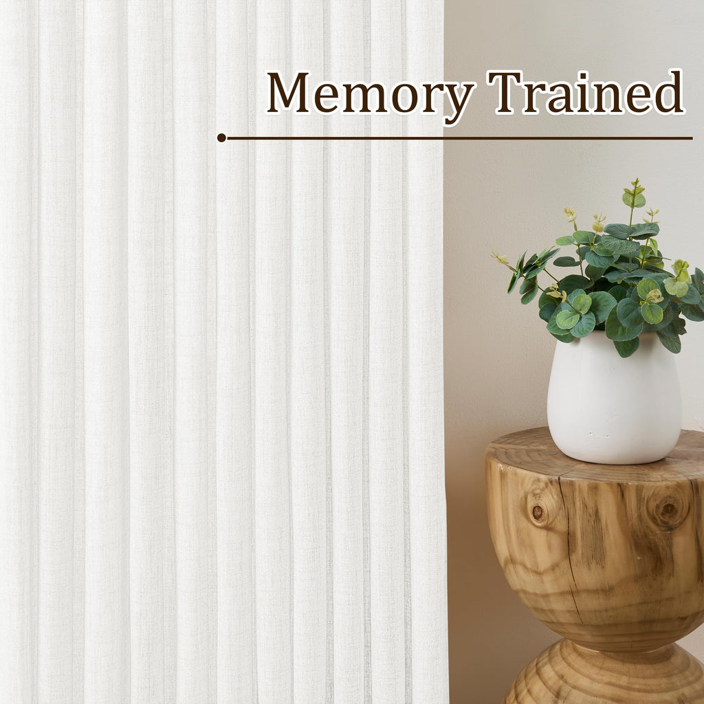 White Linen Pinch Pleated Semi Sheer Curtains 2 Panels 130 Inches Long, Back Tab with Hooks, Window Treatment