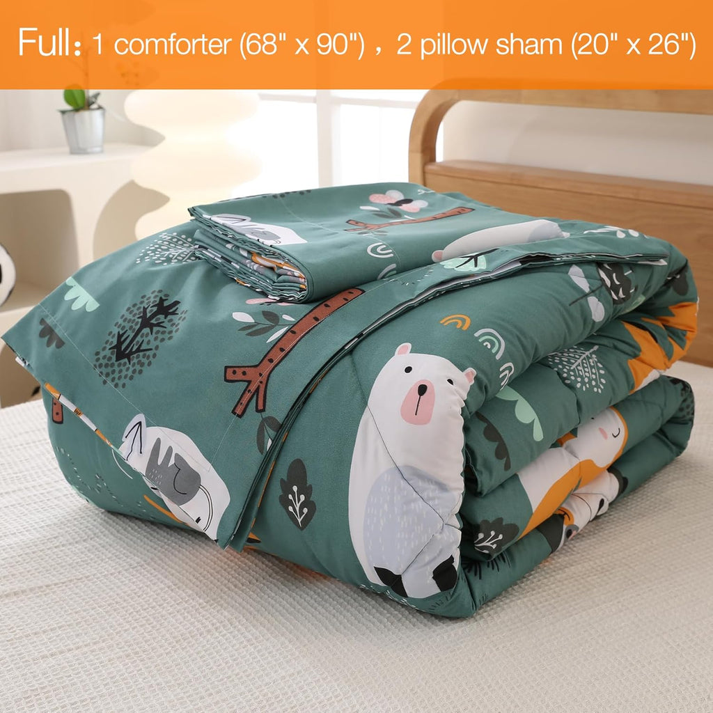 Green Forest Animals Kids Comforter Set Full, 3 Piece Woodland Printed Microfiber Bedding Set, Machine Washable
