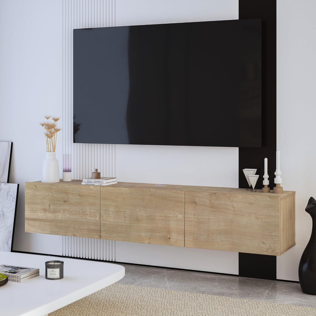 Modern Floating TV Stand, Wall Mounted TV Console for 65-80 inch TVs, Oak
