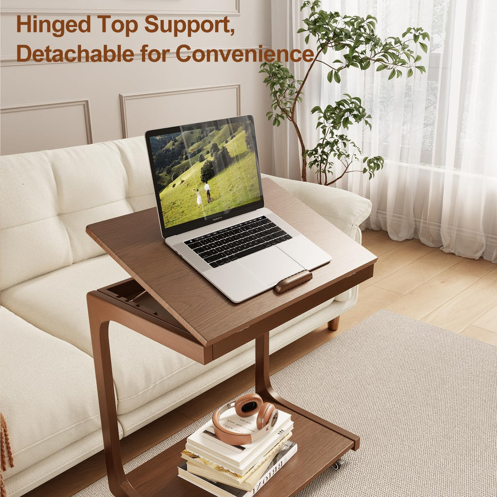 Wooden C-Shaped End Table, Couch Table with Adjustable Desktop, Small Rolling Side Table with 2 Lockable Wheels 23.6"
