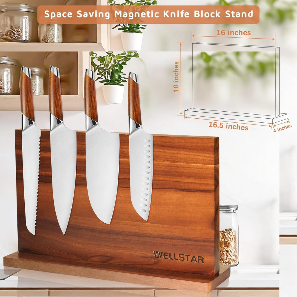 Extra Large Acacia Magnetic Knife Block 16x10 Inches, Dual-Sided Wood Stand | Strong Magnet Knife Holder, Luxurious