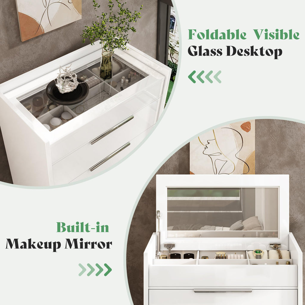 50.2" H 5-Drawer Dresser with Glass Top, High Gloss, White