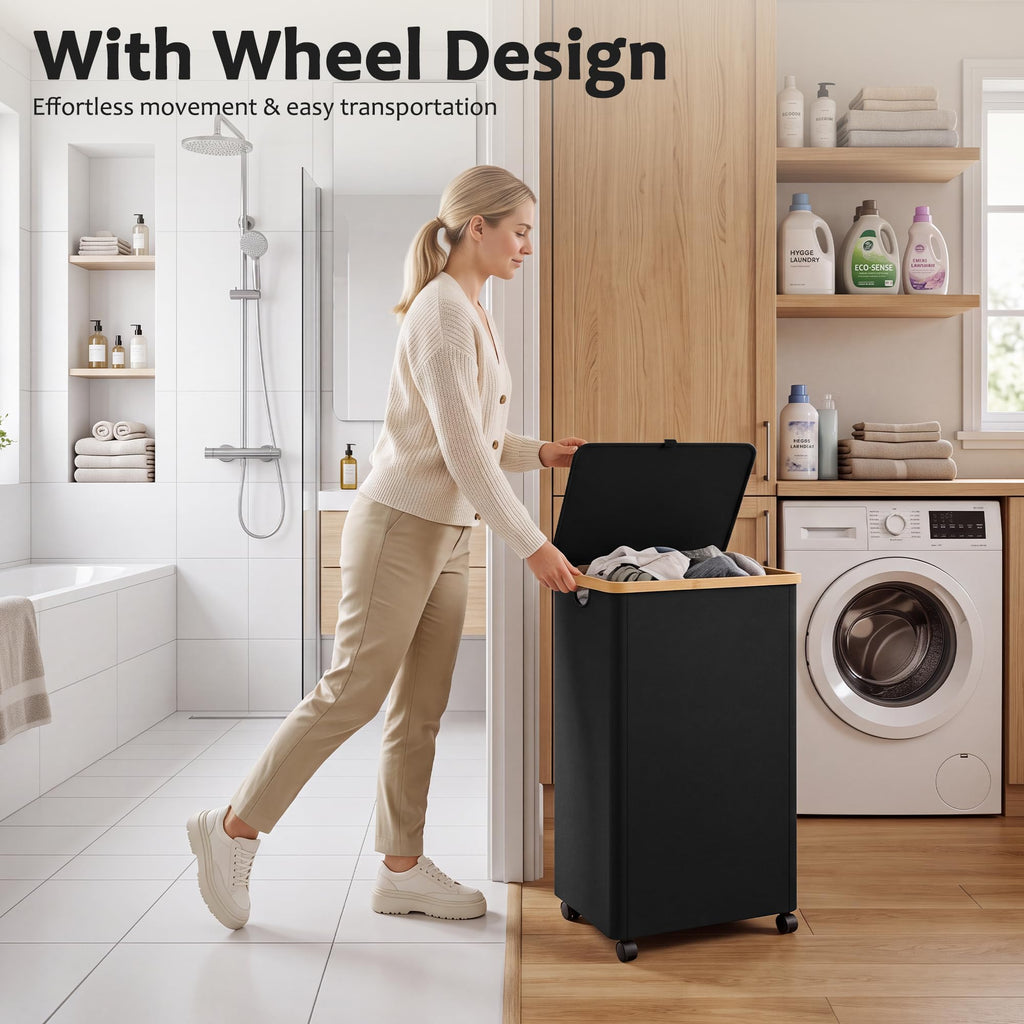 100L Laundry Basket with Wheels and Lid, Rolling Laundry Hamper with Bamboo Handles and Removable Bag, Dirty Clothes