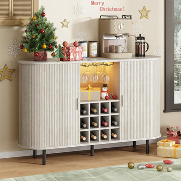 55" Fluted Wine Bar Cabinet with LED Light White | Liquor Coffee Bar Cabinet, with Wine Rack and Glass Holder