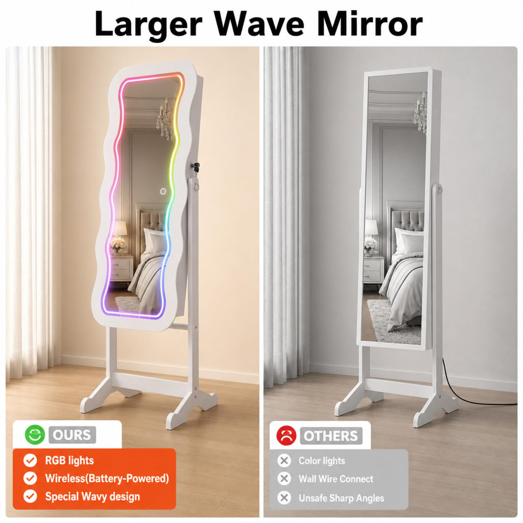RGB Mirror Jewelry Cabinet, Remote Control LED Mirror with Storage