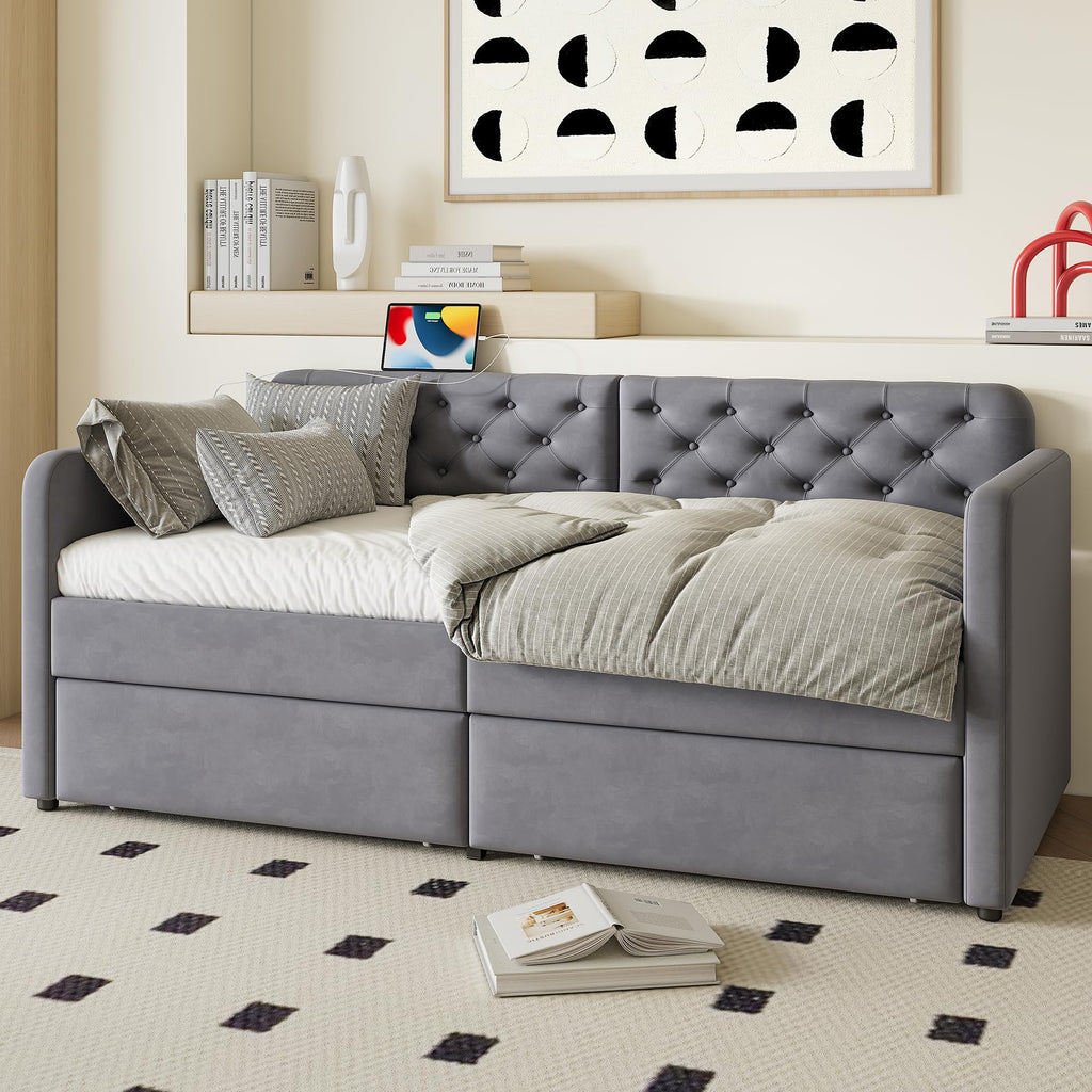 Daybed with Storage Drawers, Twin Size Velvet Upholstered Sofa Bedframe w/USB Port, Button Tufted Backrest and