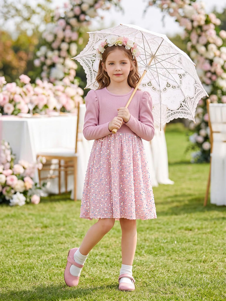 Girls Sequin A-Line Long Sleeve Dress for Birthday Party