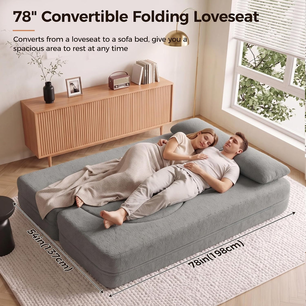 78" Convertible Folding Sofa Bed Full Size, Small Loveseat Boneless Couch | Bouclé Fabric Foldable Sleeper Sofa Bed