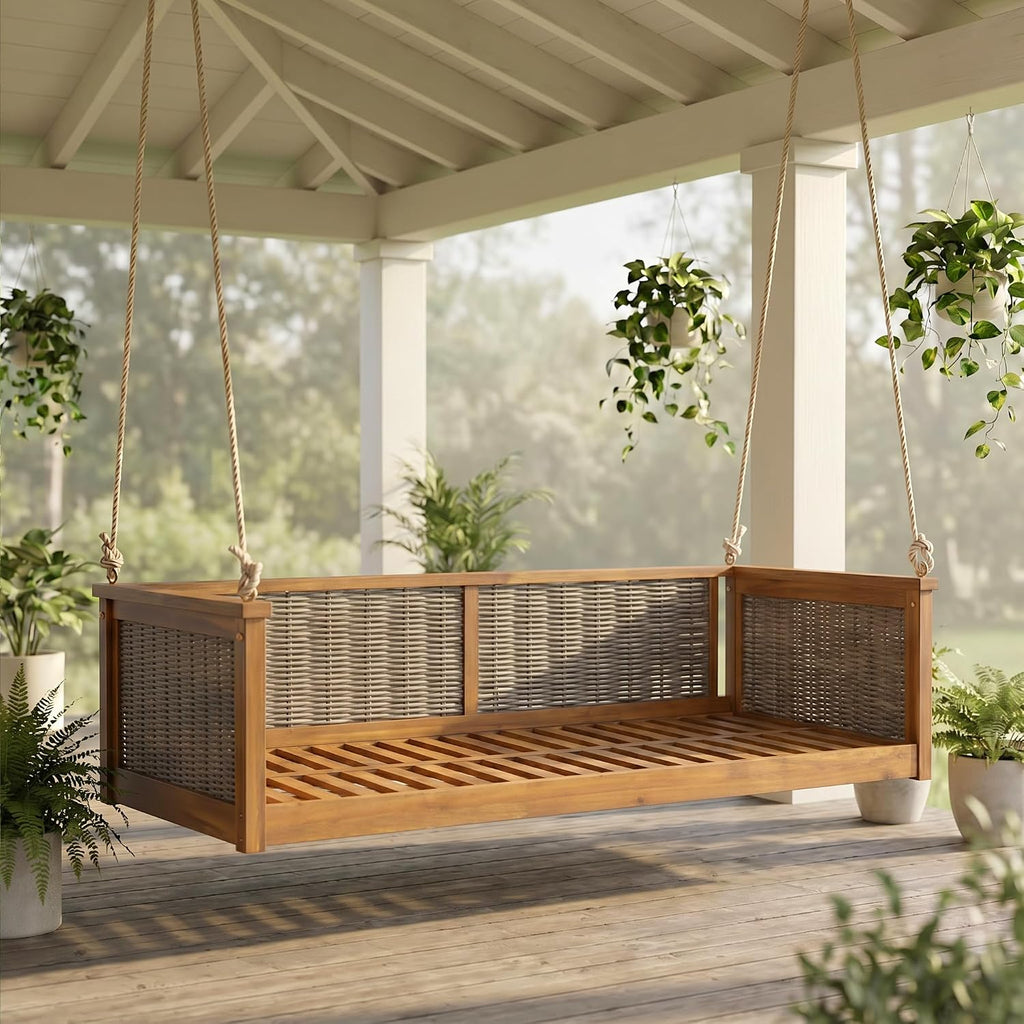 Twin Size Porch Swing Bed, Acacia Wood Outdoor Hanging Daybed with Hemp Rope, Rattan Swing Bench , Backyard, Garden