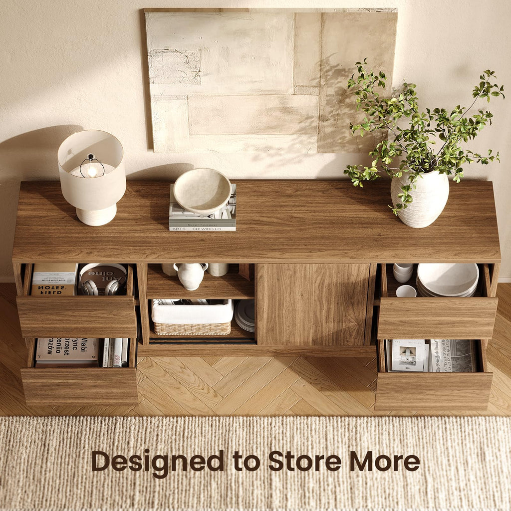 70'' TV Stand for TVs Up to 75'', Wood Entertainment Center with Sliding Doors and Drawers, Television Console