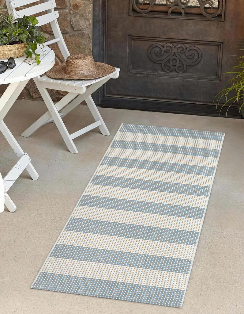 Layering Rug for Front Porch 2x4.3 Cute Welcome Mat Outside Entrance | Washable Front Door Mat, Blue White and Tan