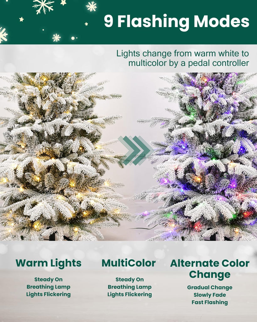Christmas Tree Prelit Flocked,Snow Frosted PE Tips Premium Artificial Xmas Tree,Foldable Metal Base, Holiday
