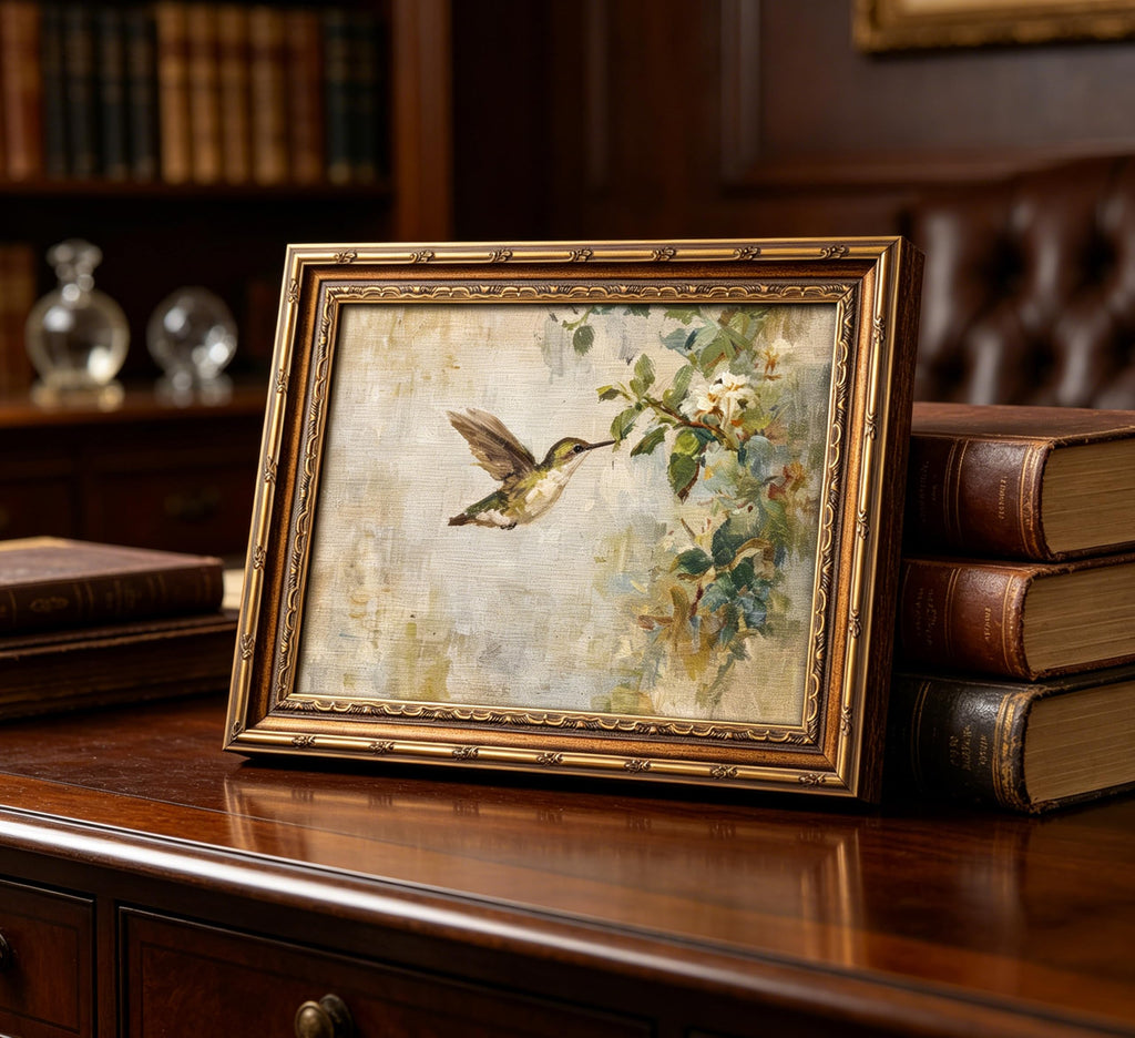 Vintage Gold Framed Hummingbird Canvas Wall Art, Retro Farmhouse Sparrow Painting Picture Wall Decor, Rustic Floral