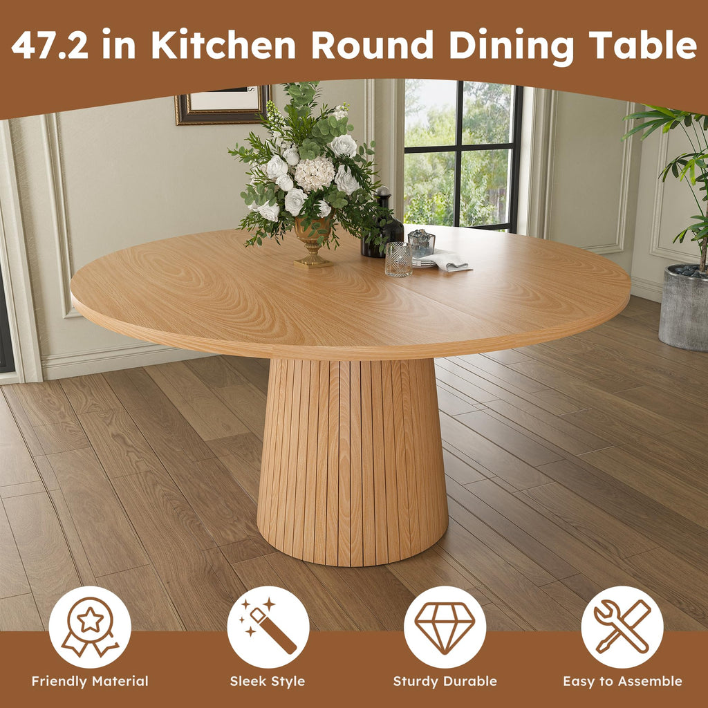 5-Piece Round Dining Table Set for 4, 47" Oak Dining Table + Beige Chenille Upholstered Dining Chairs with Light Oak