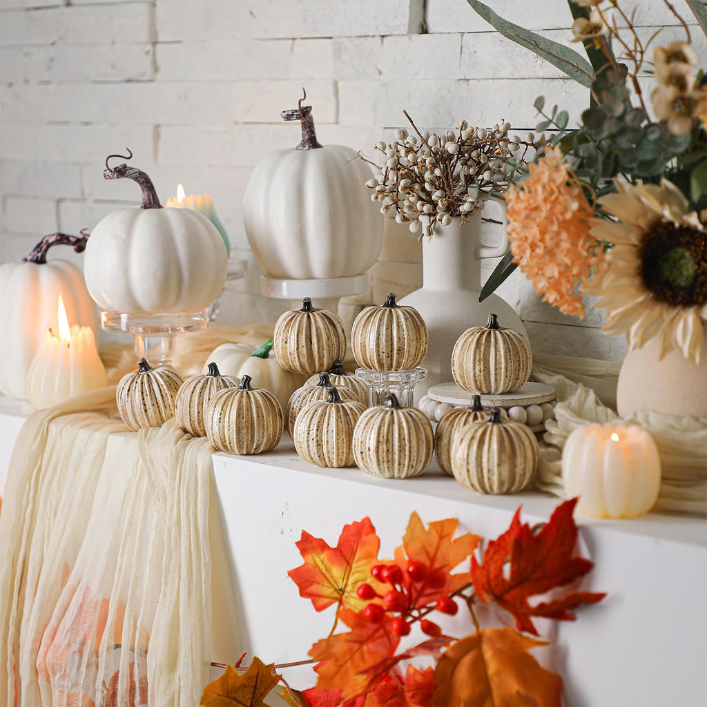 12 Pcs White Rustic Fall Pumpkin Decor Resin Pumpkins for Thanksgiving Decorations Farmhouse Decorative Pumpkins