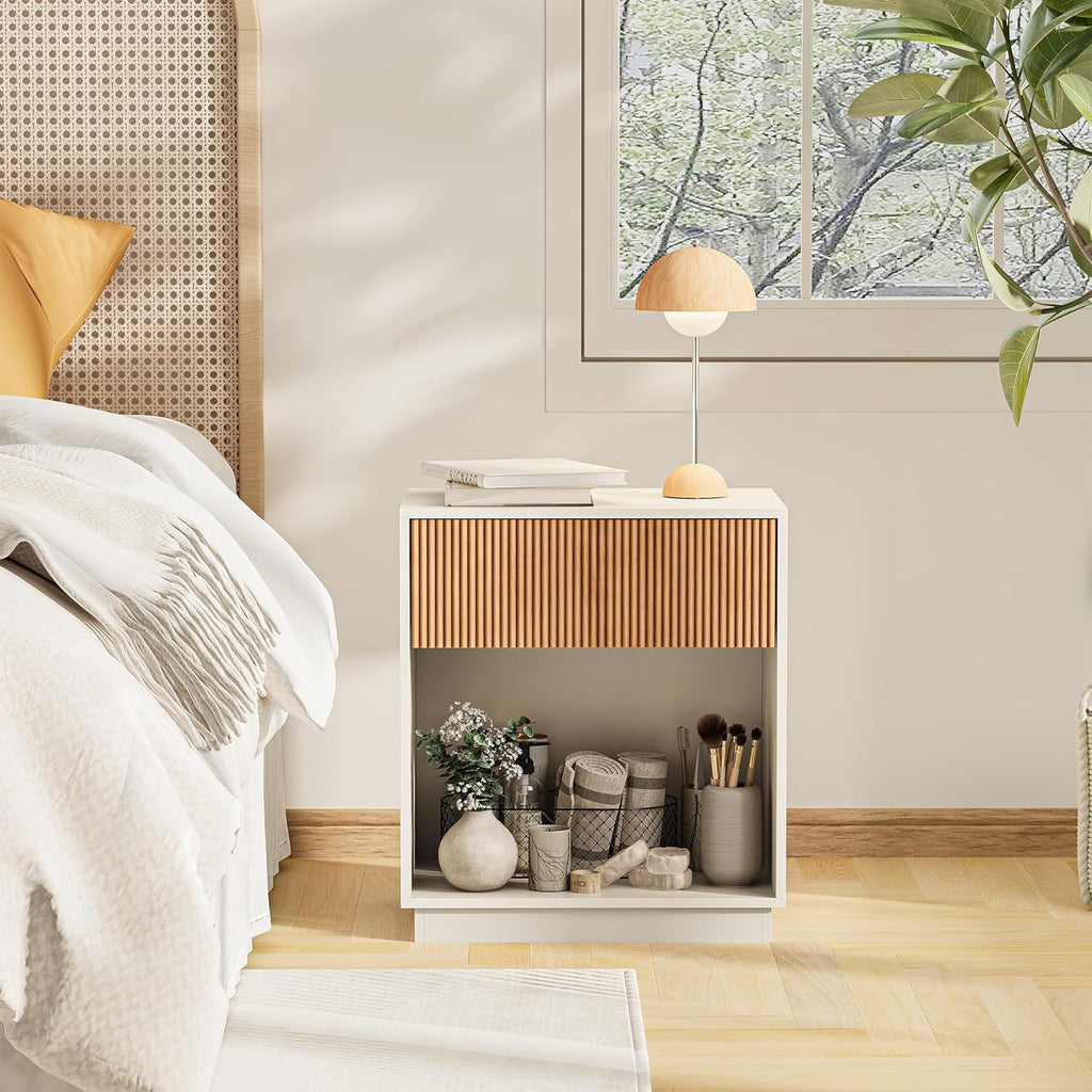 Fluted Nightstands Set of 2, Modern Bedside Table with Drawer and Storage Shelf, Wood End Table Mid Century Night