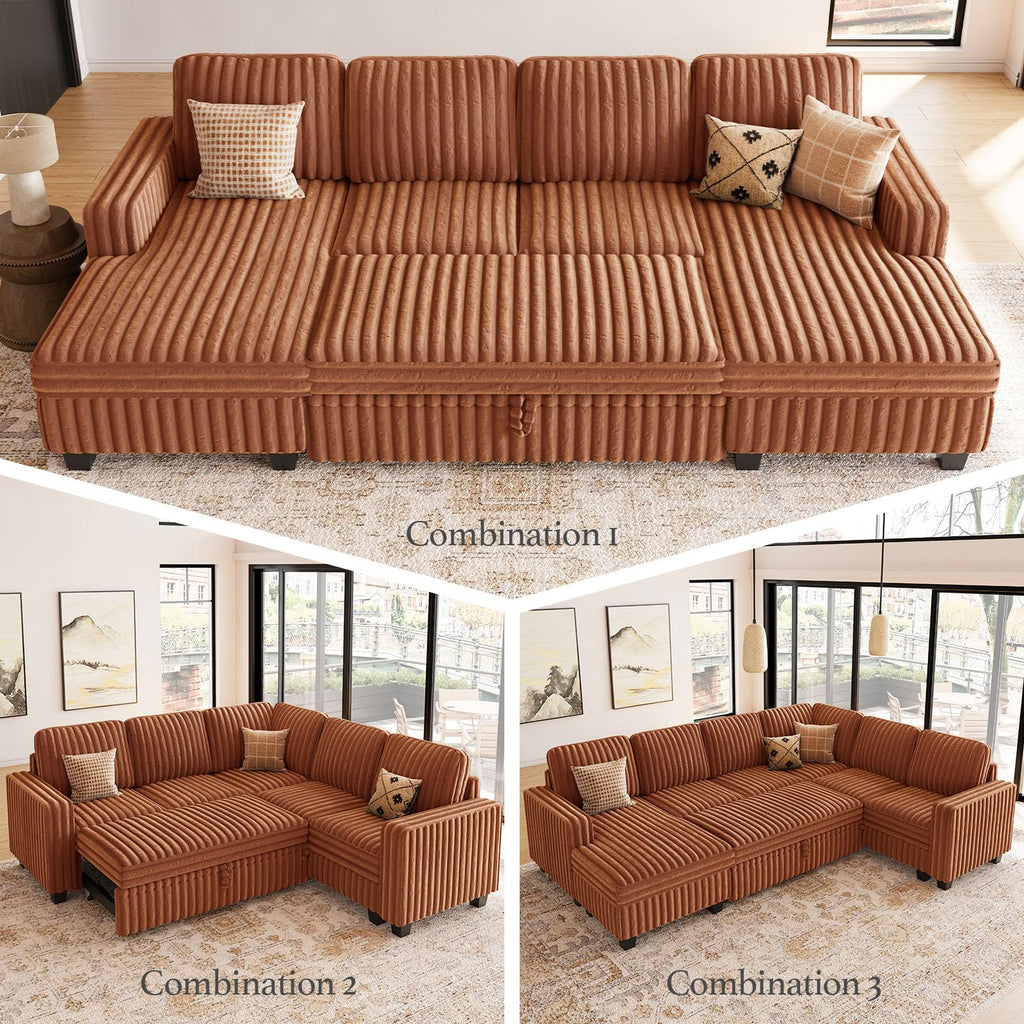 Oversized Sofa Bed Modular Sectional Sleeper Sofa with Pull Out Bed L Shaped Couch with Storage Chaise Brick Red Couch