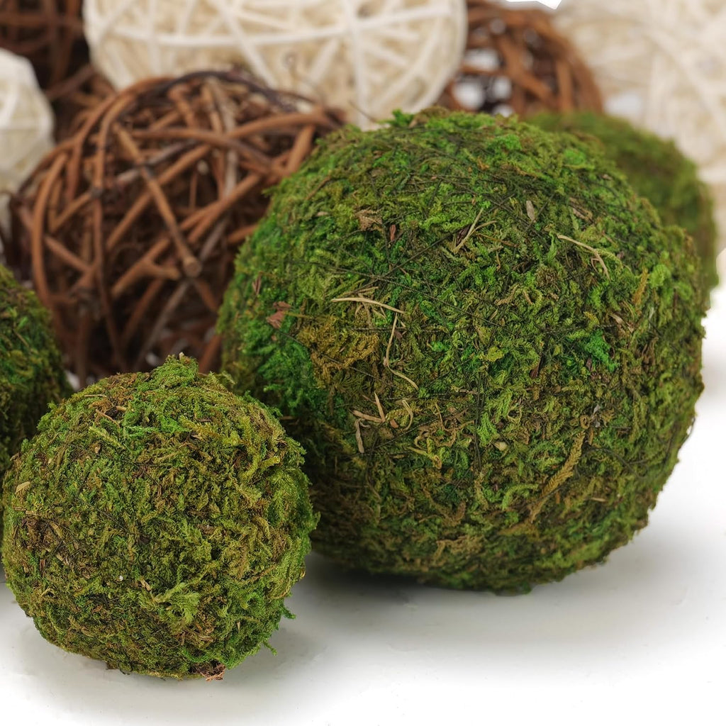 Decorative Balls for Centerpiece Bowl - Fake Moss Balls + Rattan Wicker Balls, Artificial Moss - Set of 18