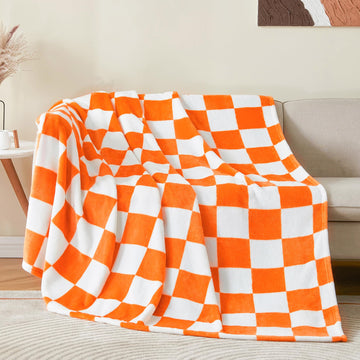 Checkered Fall Twin Blanket for Couch, Orange & White, 60"x80"