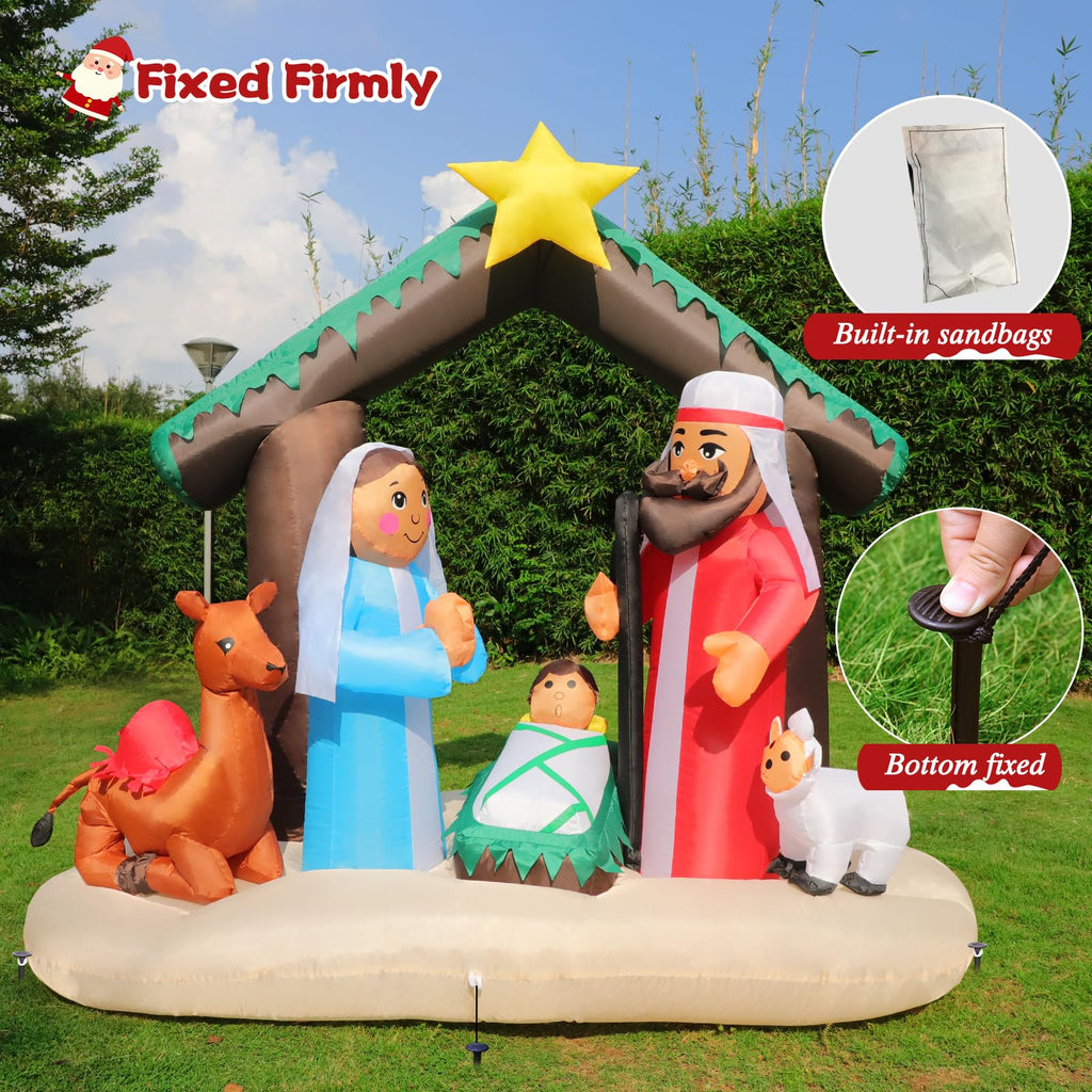 7FT Christmas Inflatable Nativity Scene with Baby Jesus, Parents, Donkey, Sheep, Star, Blow Up Manger Set Indoor &