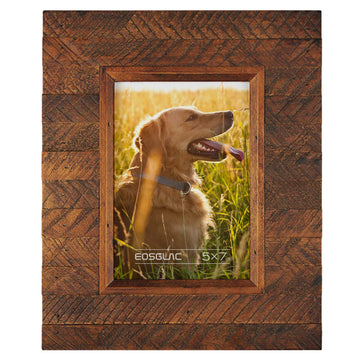Wooden 5x7 inch Picture Frame, Wood Plank Design with Rustic Brown Finish, Wall Mounting or Tabletop Display