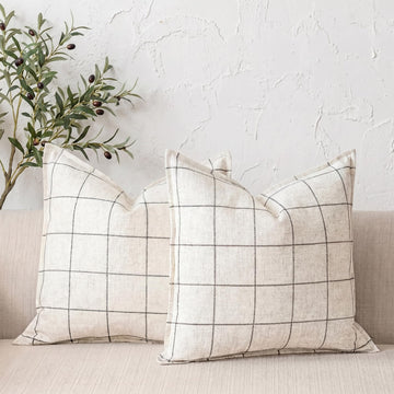 Cream White Plaid Cottage Core Linen Euro Pillow Covers 24x24 Set of 2