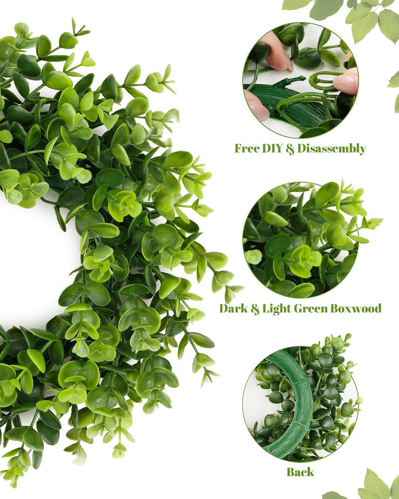 Inch Artificial Boxwood Small Wreath for Front Doors, 2 Packs Green Leaves Wreath, Spring Summer Mini Wreaths - Set of 2