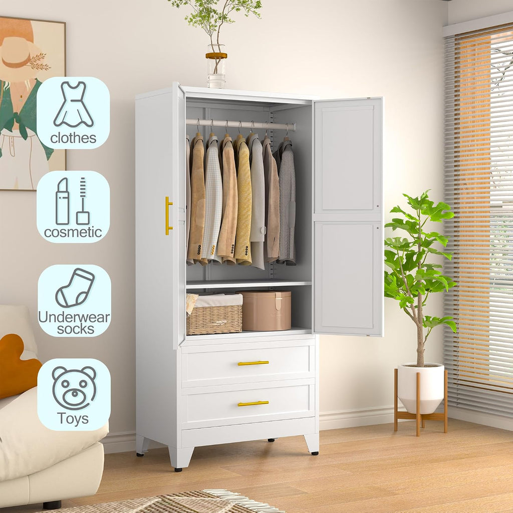 Metal Armoire Wardrobe Closet, 71 "Metal Clothing Storage Cabinet | with Adjustable Shelves and Hanging Rod