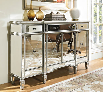 60" Silver Wood Frame Mirrored Panels Andrea Storage Sideboard Buffet Cabinet