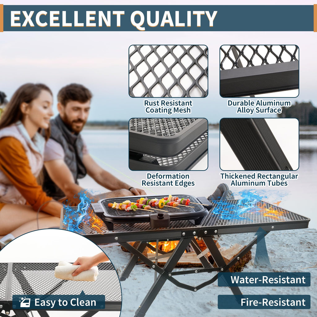HPC DECOR Grill Table with Mesh Desktop, 200lbs 3Ft Portable Folding Table, Camping Table, Picnic Table, Height